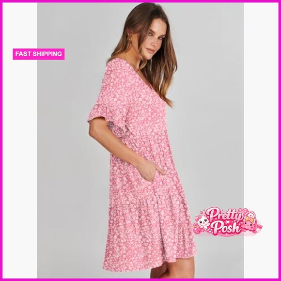 V Neck Ruffle Sleeve A Line Tiered Mini Dress with Pockets - Picture 4 of 7